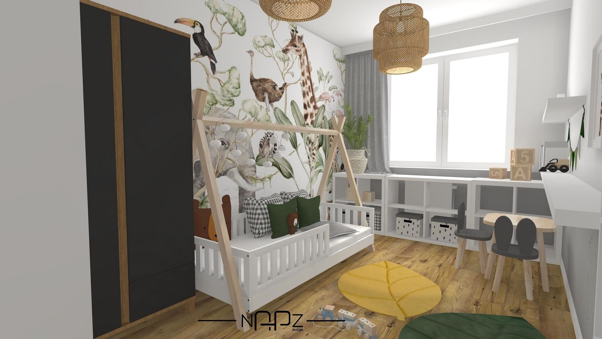 Chambre bébé fille avec lit en bois et décorations florales