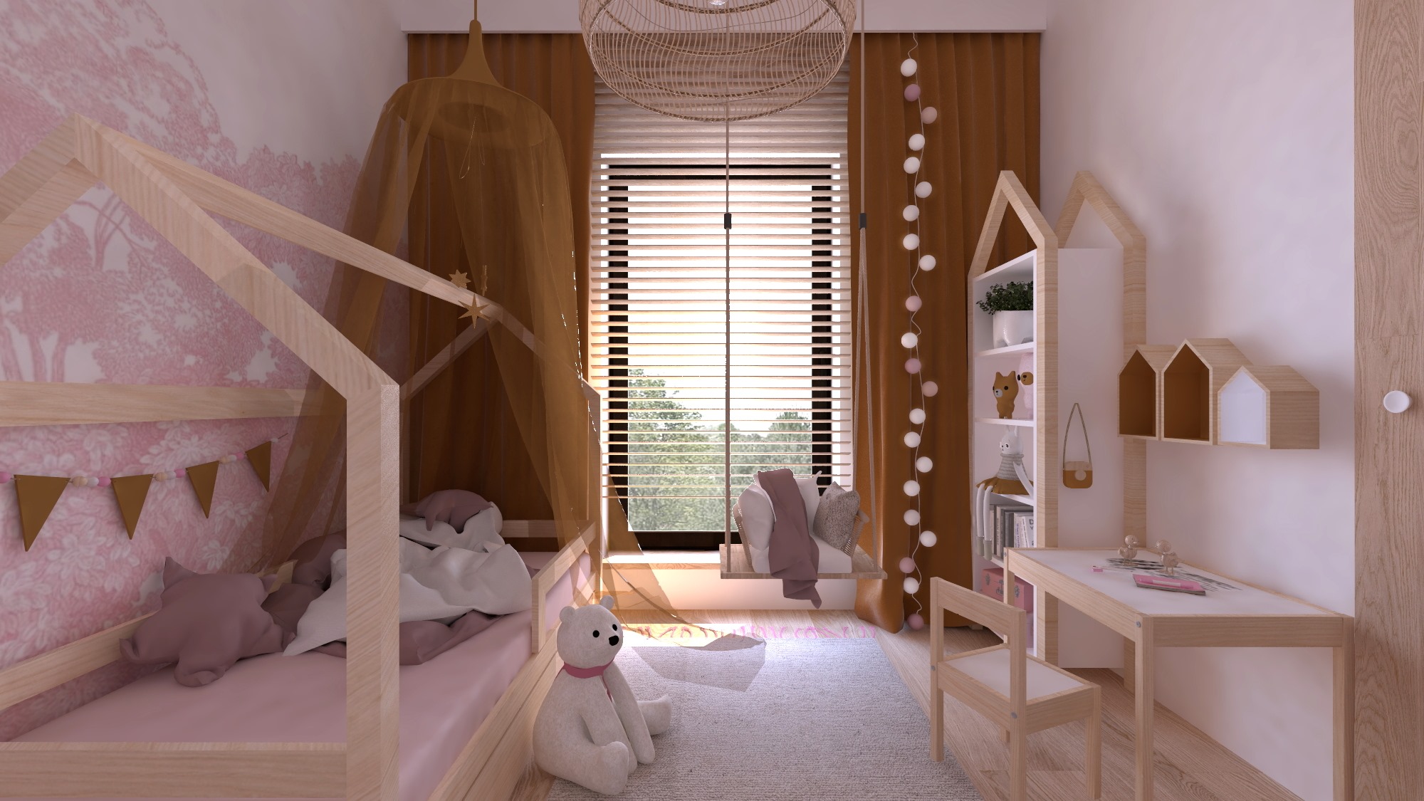 Chambre bébé fille avec lit en bois et décoration rose avec rideaux