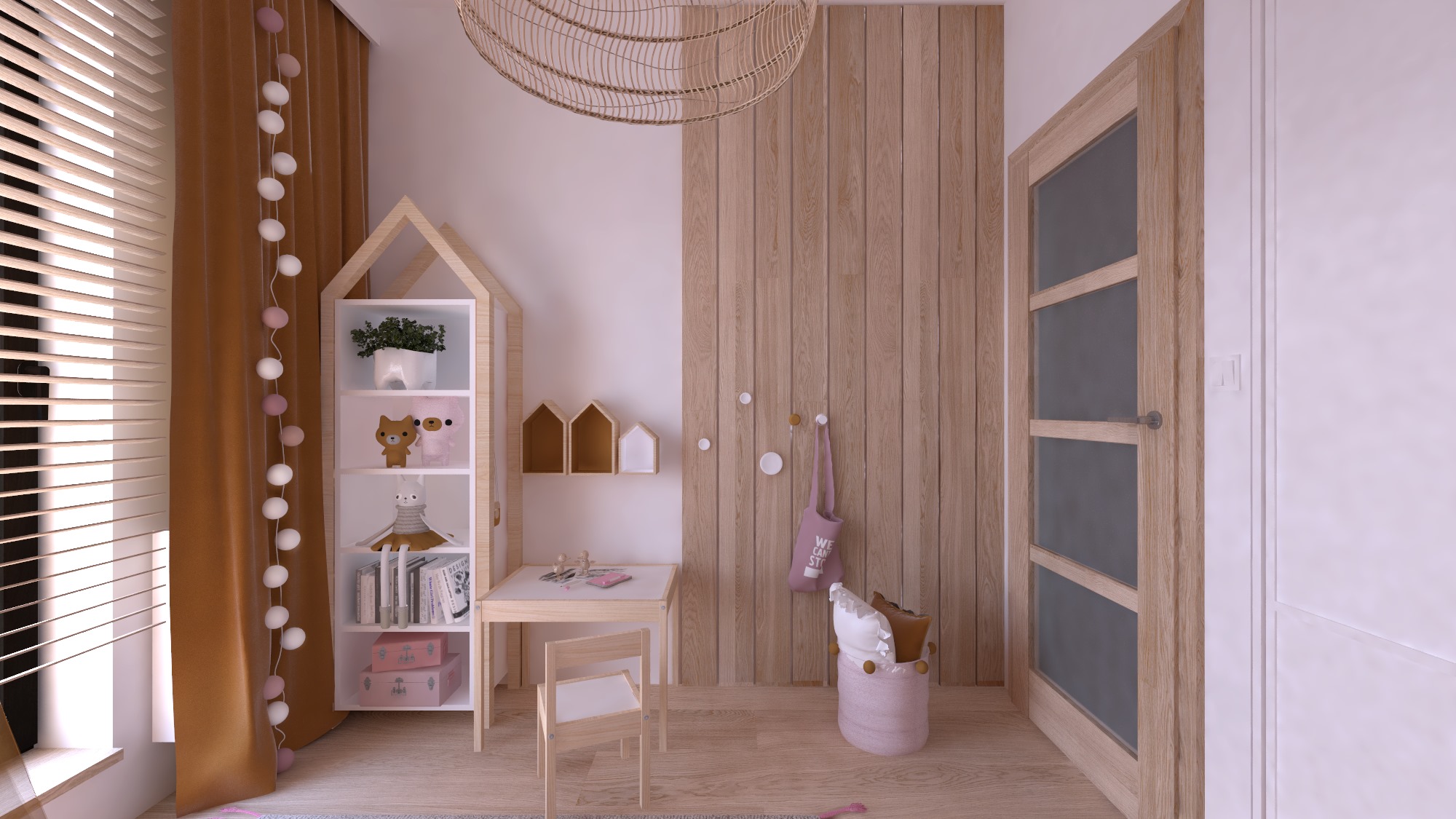 Chambre bébé fille avec lit Montessori en bois naturel et guirlandes lumineuses