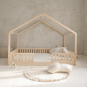 Lit Housebed Duo avec Barrière Clôture 200x140 Bois naturel (livraison rapide)